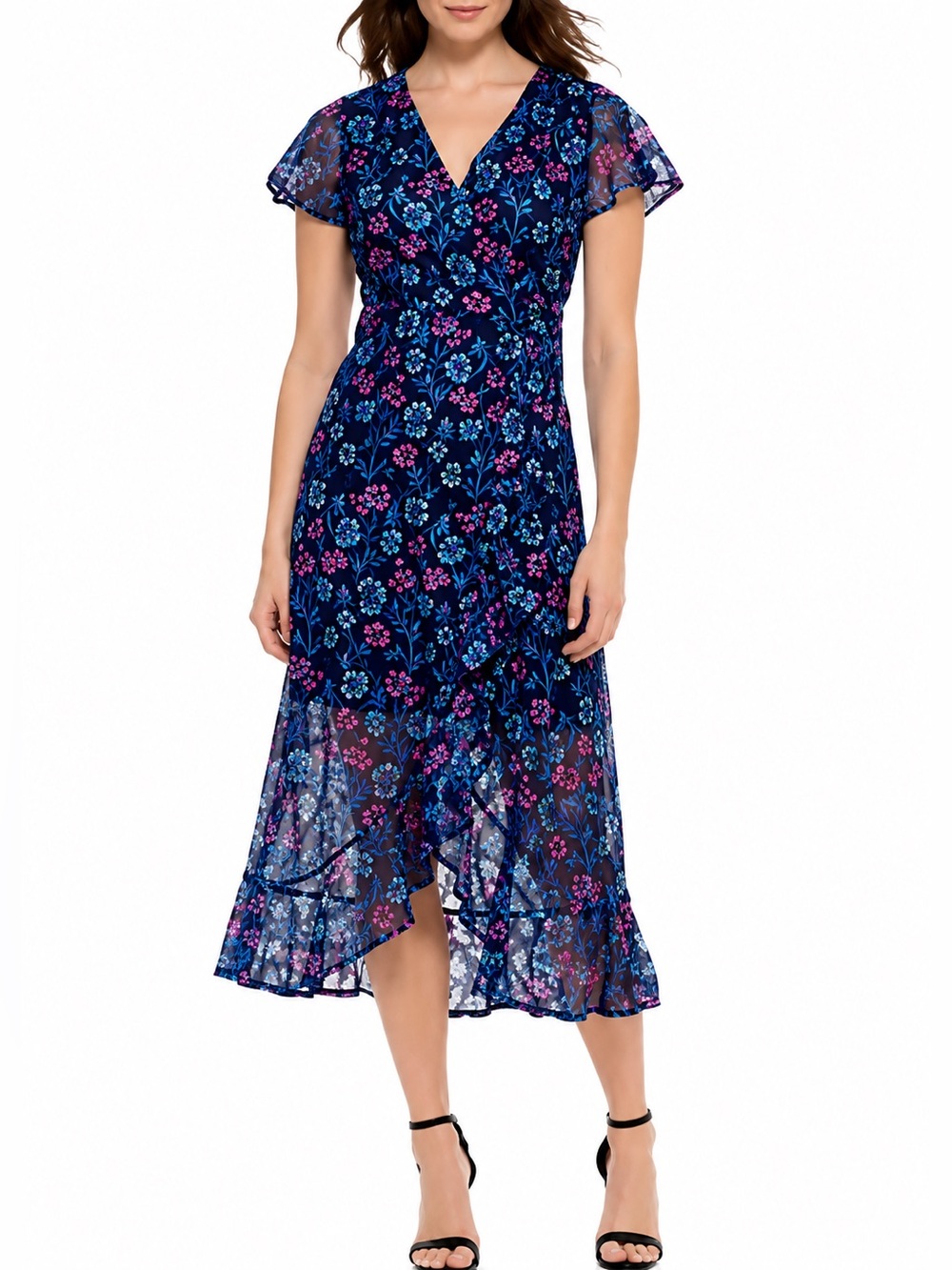 Kensie Floral Faux Wrap Ruffle Midi Dress Flutter Sleeve Asymmetrical Hem 12